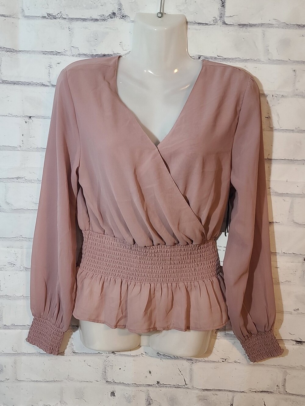 New Japna Pink Solid V-Neck Long Sleeve Smocked Ruffle Blouse M